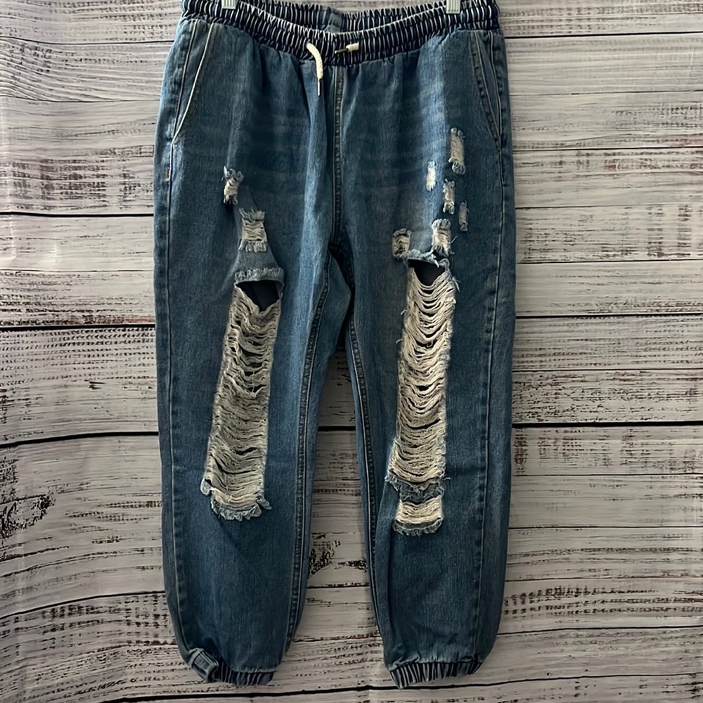 Distressed style drawstring denim medium wash joggers SHEIN 1X